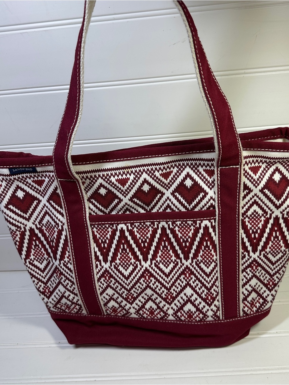 Lands End Fair Isle Red Cream Boat Tote Bag Purse Pockets 11”x13”x6”